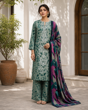 Lumeraa Sage Green 3 Piece Linen Suit | Panel Sequence Embroidery