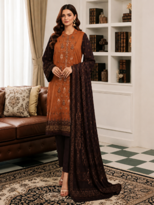 Rust Brown Embroidered Lawn 3 Piece Unstitched Suit with Lawn Dupatta