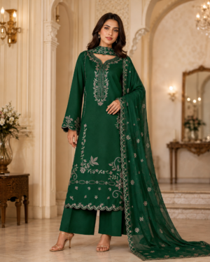 Emerald Green Dhanak Embroidered 3-Piece Suit
