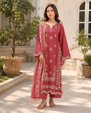 Rose Pink Dhanak Embroidered 3-Piece Suit