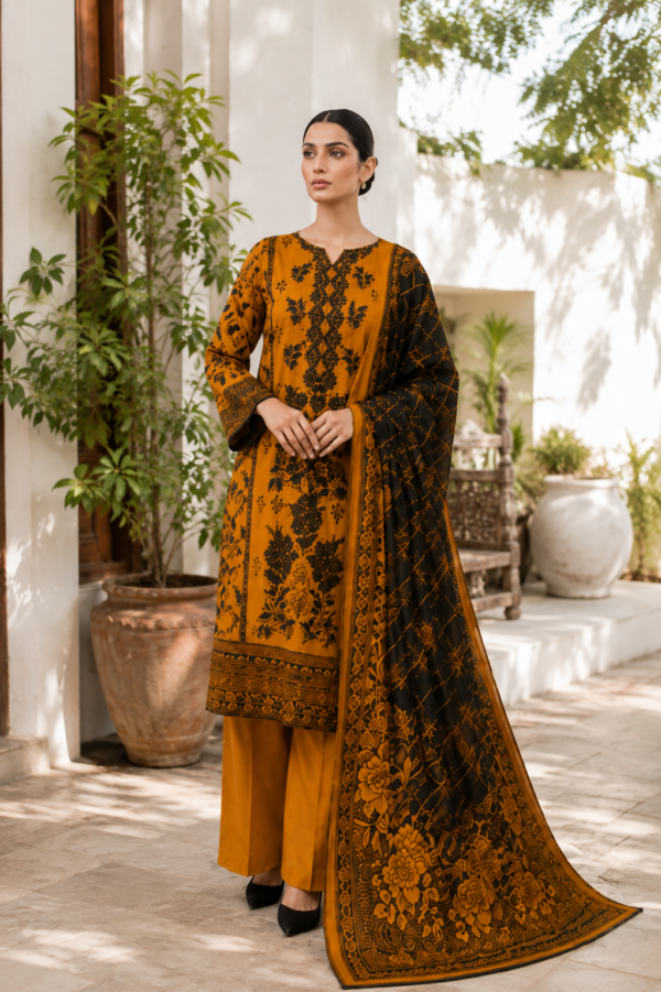 D # 648 P1 Lumeraa Mustard Black 3 Piece Linen Suit | Embroidered Front Panel