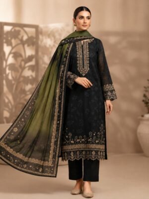Black & Olive Embroidered Printed 3-Piece Suit with Organza Dupatta