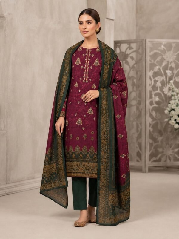 Regal Plum & Forest Green 3-Piece Embroidered Lawn Suit