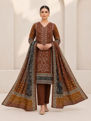 Earthen Mocha 3-Piece Embroidered Lawn Suit