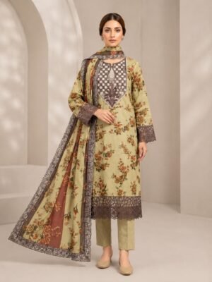 Beige Floral Printed 3-Piece Suit with Lace-Detail Dupatta