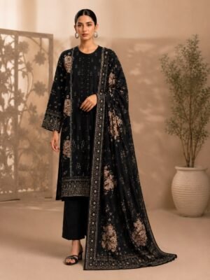 Black Printed 3-Piece Suit with Floral Dupatta