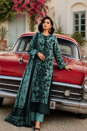 IMG-20260727-WA0022.jpg Teal Blue Printed 3-Piece Suit with Black Floral Dupatta