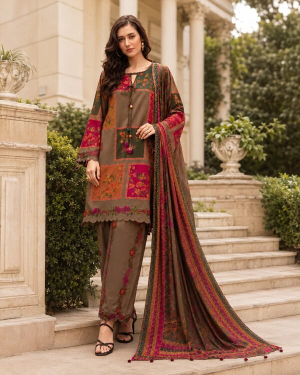 Patchwork Olive & Berry 3-Piece Embroidered Lawn Suit