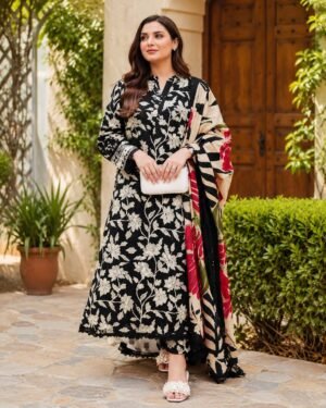 IMG-20260823-WA0018 Black & Cream Floral Printed 3-Piece Lawn Suit with Printed Dupatta