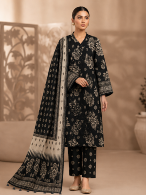 Monochrome Floral 3-Piece Printed Lawn Suit