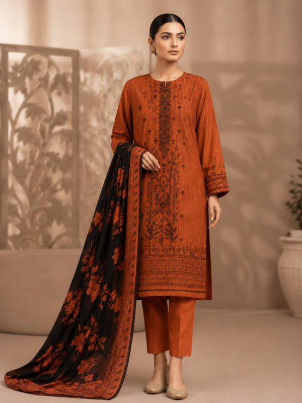Rust Orange Printed 3-Piece Suit with Black Floral Dupatta