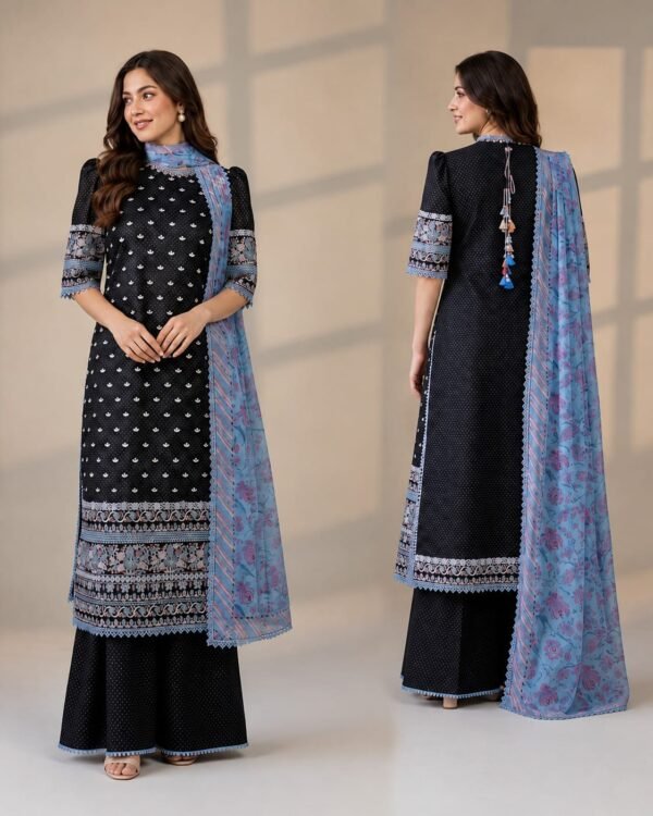 WhatsApp Image 2026-08-16 at 02.43.42 (1) Black Printed Lawn 3 Piece Unstitched Suit with Chiffon 4 Patti Lace Dupatta