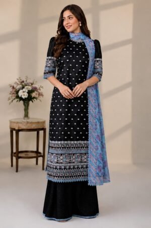 Black Printed Lawn 3 Piece Unstitched Suit with Chiffon 4 Patti Lace Dupatta