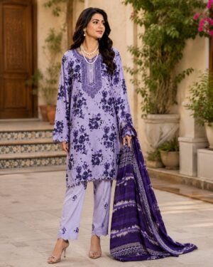 Lavender Floral Printed Lawn 3 Piece Unstitched Suit with Chiffon 4 Patti Lace Dupatta