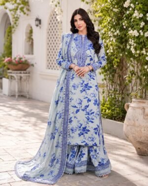 Powder Blue Floral Printed Lawn 3 Piece Unstitched Suit with Chiffon Ready to Wear 4 Side Lace Dupatta