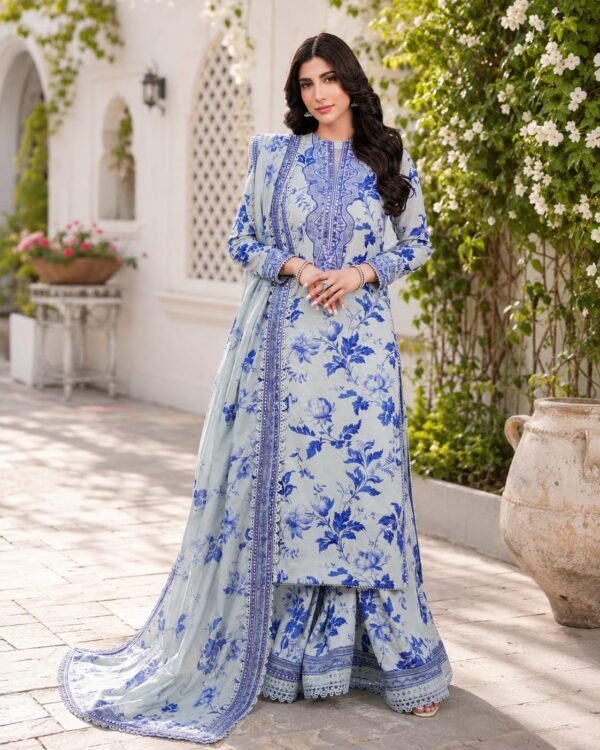 WhatsApp Image 2026-08-16 at 02.47.13 (1) Powder Blue Floral Printed Lawn 3 Piece Unstitched Suit with Chiffon Ready to Wear 4 Side Lace Dupatta