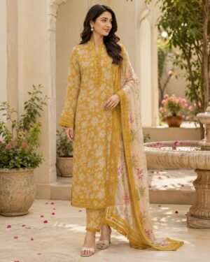 WhatsApp Image 2026-08-16 at 02.55.09 Mustard Yellow Floral Printed Lawn 3 Piece Unstitched Suit with Printed Chiffon Dupatta
