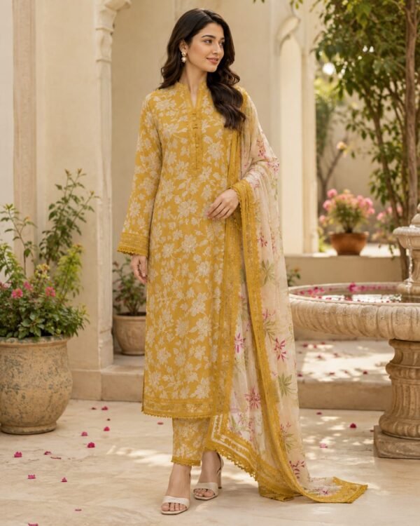 WhatsApp Image 2026-08-16 at 02.55.09 Mustard Yellow Floral Printed Lawn 3 Piece Unstitched Suit with Printed Chiffon Dupatta