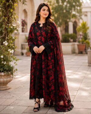 Black & Red Floral Printed Lawn 3 Piece Unstitched Suit with Chiffon Dupatta