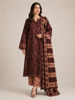 Earthen Cocoa 3-Piece Embroidered Patches Lawn Suit