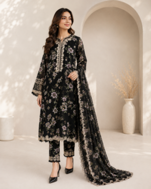 Midnight Lavender Floral 3-Piece Embroidered Patches Lawn Suit