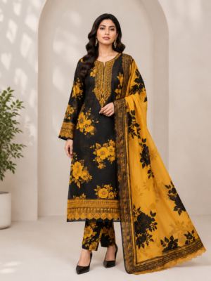 Golden Amber Black 3-Piece Embroidered Patches Lawn Suit