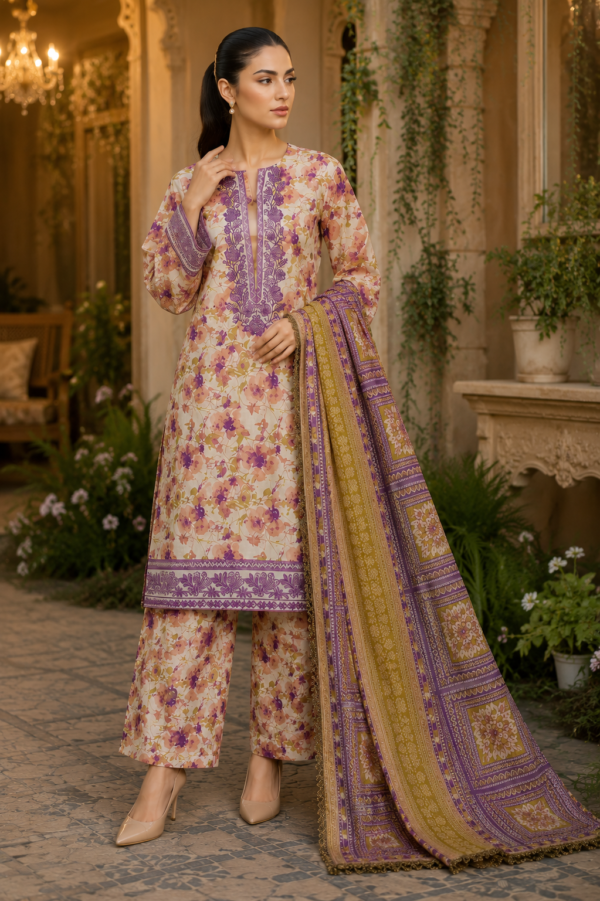 ed5608ec-4d50-4ac9-a4ad-4e37d998155f Lavender Meadow 3-Piece Embroidered patches Lawn Suit