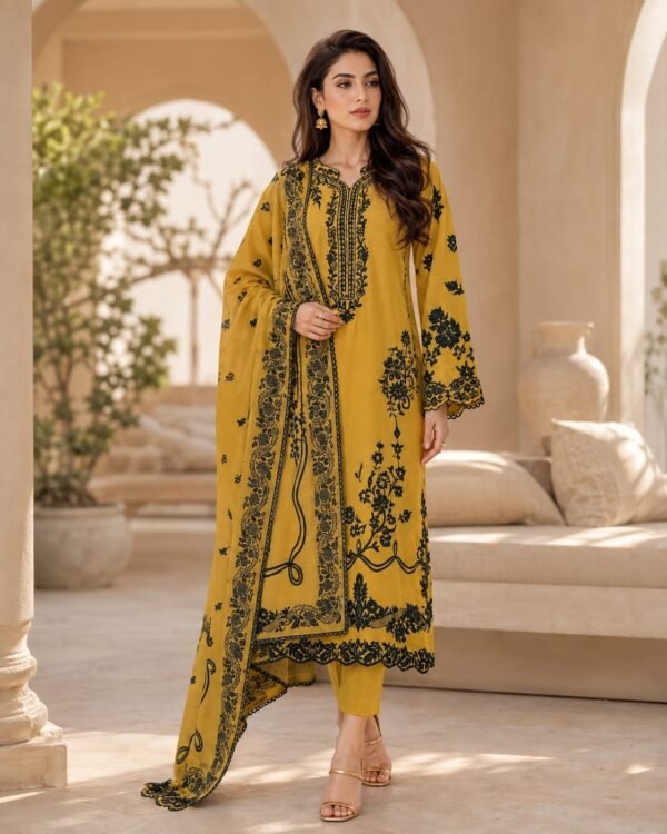 IMG-20260831-WA0006 Dhanak Mustard Yellow Embroidered 3-Piece Suit