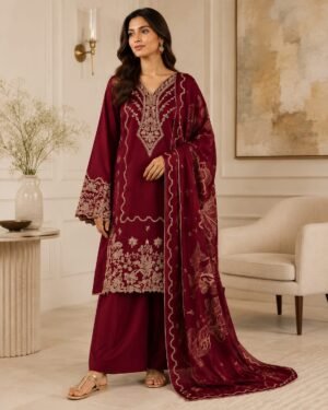 IMG-20260831-WA0007 Dhanak Maroon Embroidered 3-Piece Suit