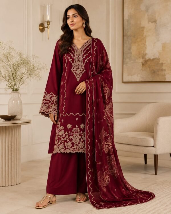 Dhanak Maroon Embroidered 3-Piece Suit