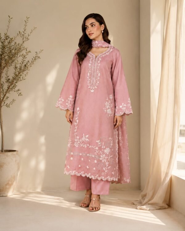 Dhanak Pink Embroidered 3-Piece Suit