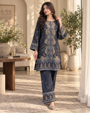 L7 (P1) Lumeraa 2-Piece Printed Linen Unstitched Suit – Dark Charcoal Blue & Gold Ethnic Print