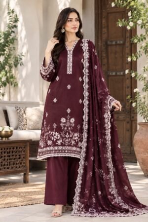 Maroon Embroidered Unstitched 3-Piece Suit with Digital Printed Shawl