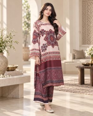 Lumeraa 2-Piece Printed Linen Unstitched Suit – Soft Pink & Deep Maroon Flor