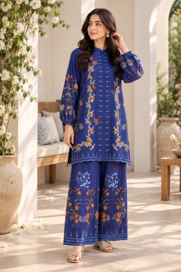 Lumeraa 2 Piece Printed Linen Collection | Royal Blue & Mustard Suit