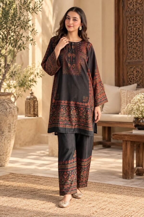 Lumeraa 2 Piece Printed Linen Collection | Black & Rust Suit