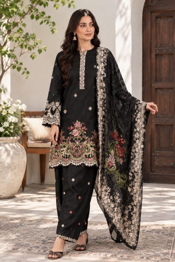 Black Embroidered Unstitched 3-Piece Suit with Digital Printed Dupatta
