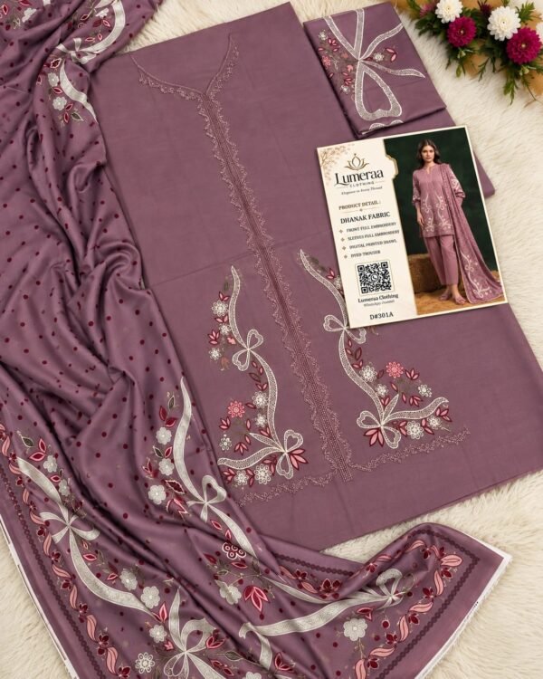 Lumeraa 3-Piece Embroidered Dhanak Suit with Digital Printed Shawl