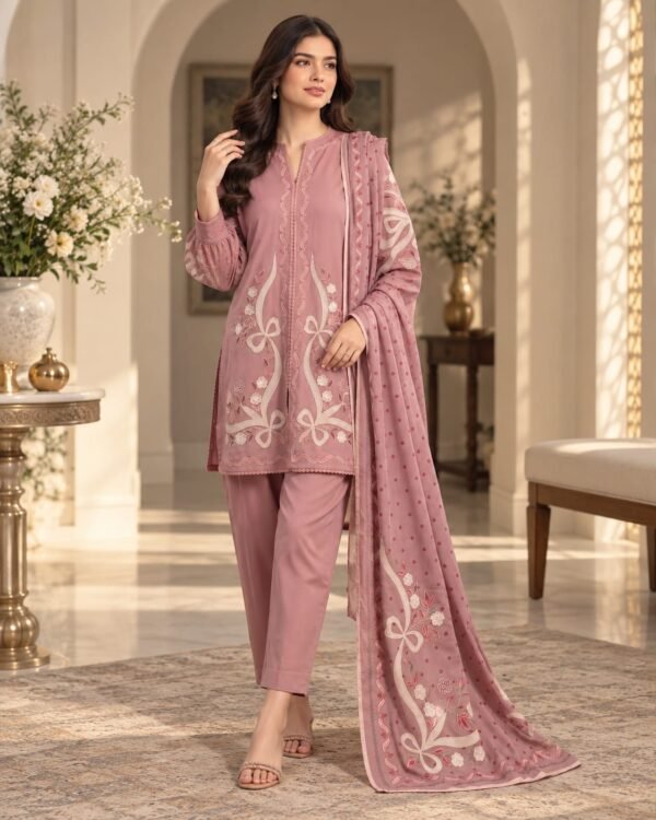 Lumeraa 3-Piece Embroidered Dhanak Suit with Digital Printed Shawl