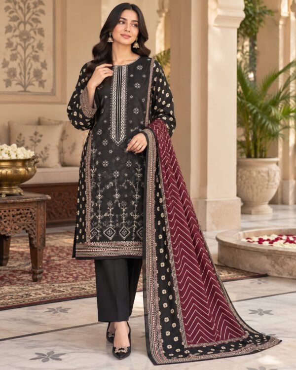 Lumeraa 3-Piece Sequence Embroidered Khaddar Suit – Charcoal Black & Deep Maroon