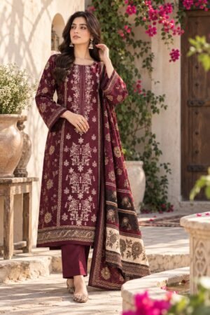 WhatsApp Image 2026-09-24 at 12.39.12 (1) Lumeraa 3-Piece Luxury Sequence Embroidered Khaddar Suit – Deep Plum Burgundy & Gold