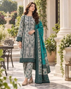 WhatsApp Image 2026-09-24 at 12.39.13 (1) Lumeraa 3-Piece Printed Khaddar Suit with Teal Dupatta – Grey & Teal