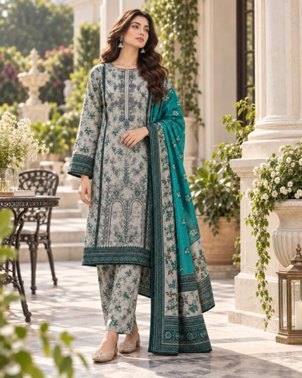 WhatsApp Image 2026-09-24 at 12.39.13 (1) Lumeraa 3-Piece Printed Khaddar Suit with Teal Dupatta – Grey & Teal