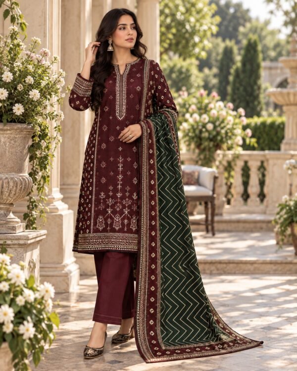 WhatsApp Image 2026-09-24 at 12.39.13 (3) Lumeraa 3-Piece Luxury Sequence Embroidered Khaddar Suit – Deep Maroon & Emerald Green