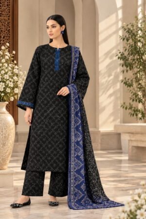 Black & Royal Blue Digital Printed Khaddar Suit with Embroidery Patch