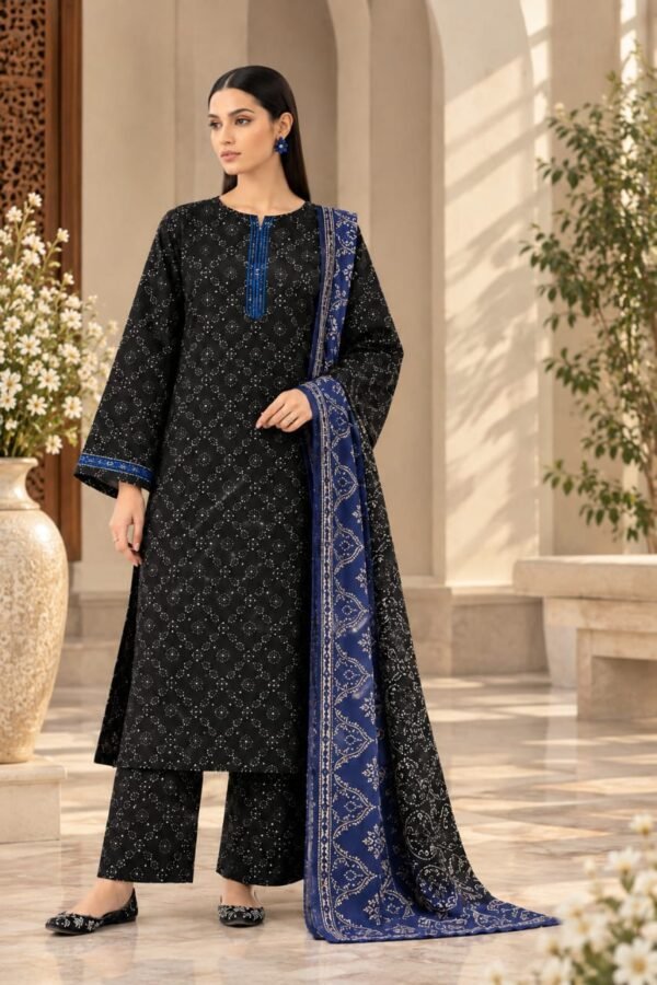 Black & Royal Blue Digital Printed Khaddar Suit with Embroidery Patch