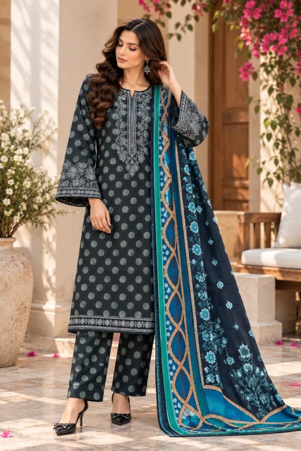 WhatsApp Image 2026-10-17 at 15.12.38 (3) Lumeraa Khaddar Collection – Polka Dot Black & Teal 3-Piece Suit