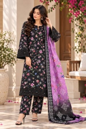 Lumeraa Khaddar Collection – Black Floral & Lilac 3-Piece Suit